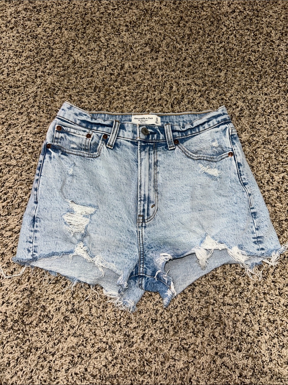 Abercrombie & Fitch High-Rise Distressed Light Blue Denim Shorts